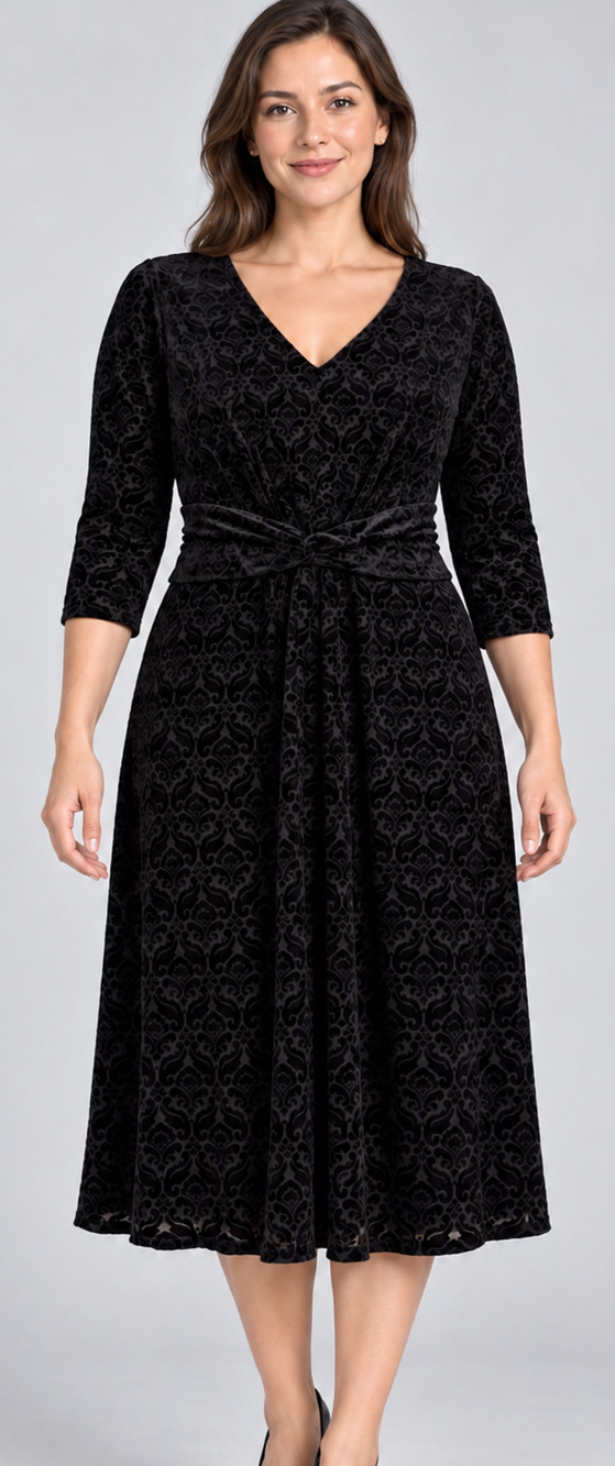 Talbots Womens XL Black Burnout Velvet Twist Waist V Neck Cocktail Midi Dress